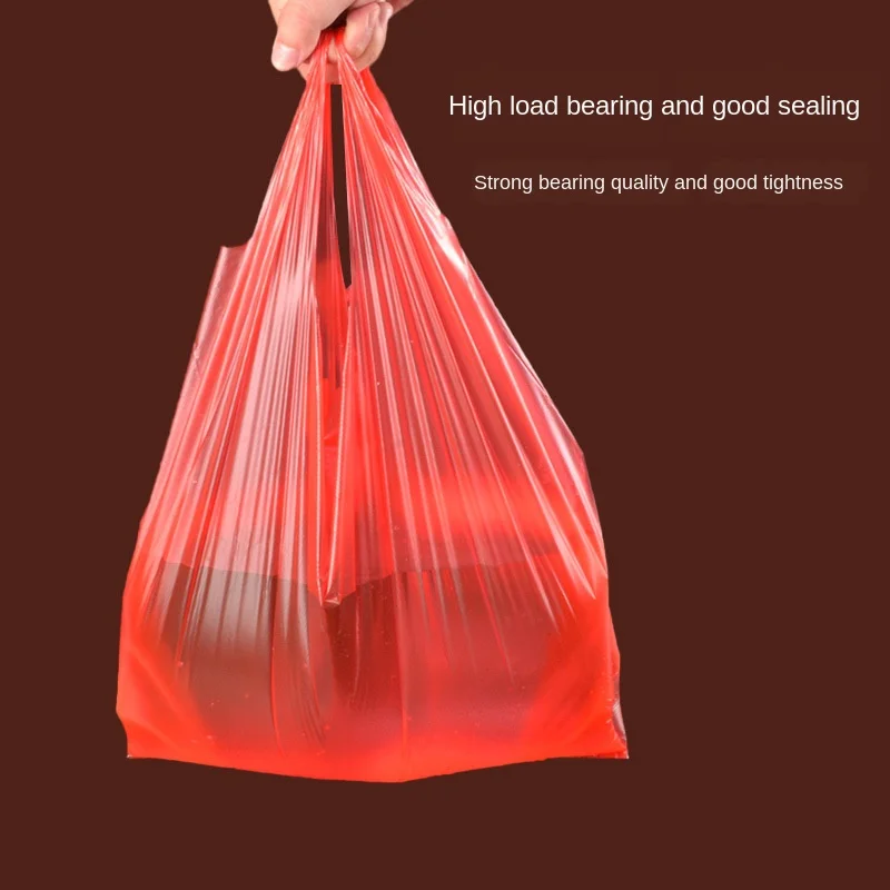 50pcs赤いプラスチック製のバッグスーパー雑貨のギフトショッピングバッグの厚みを出しハンドルベストバッグキッチン収納クリーンゴミ袋