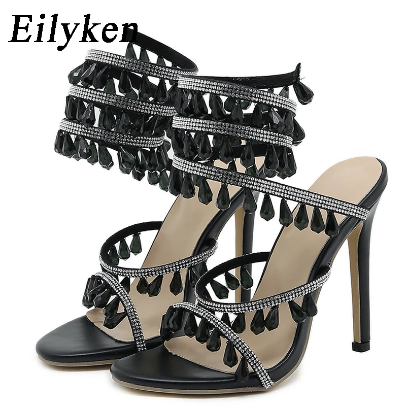 Eilyken夏ファッションゴージャスの結晶サンダルの女性の文字列ビーズの宴会スティレット高いヒールプストラップをオープントゥパ靴