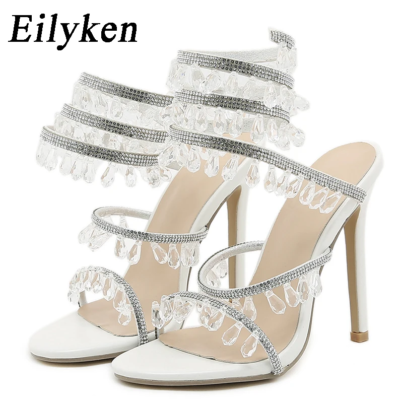 Eilyken夏ファッションゴージャスの結晶サンダルの女性の文字列ビーズの宴会スティレット高いヒールプストラップをオープントゥパ靴
