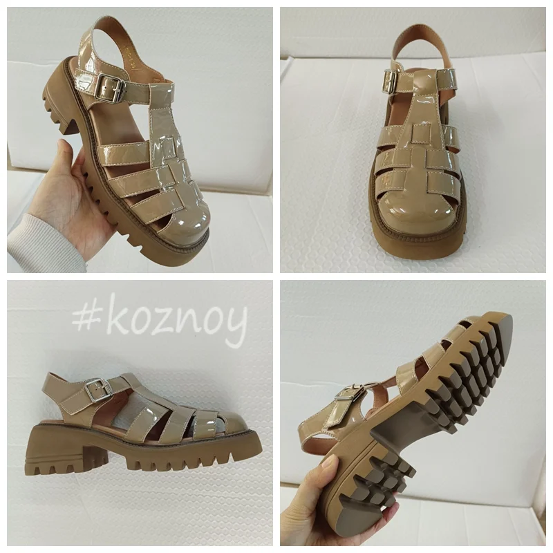Koznoy夏の女性の靴やファッションクラシック6cm本革温販売台Mujerルレディースファッションバックルストップ厚切りの切り身をこってりとヒールの靴