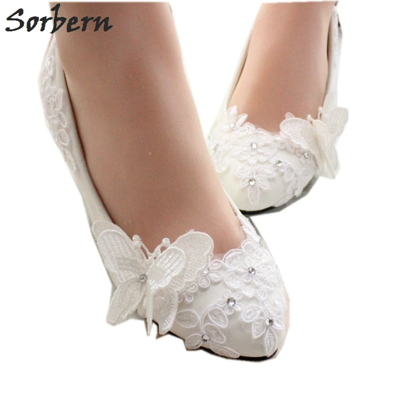 Sorbern蝶花の平坦結婚式靴は滑りにファッショナブルなジュエリー女性オフホワイトブライダル靴と玉になった僕ぺ