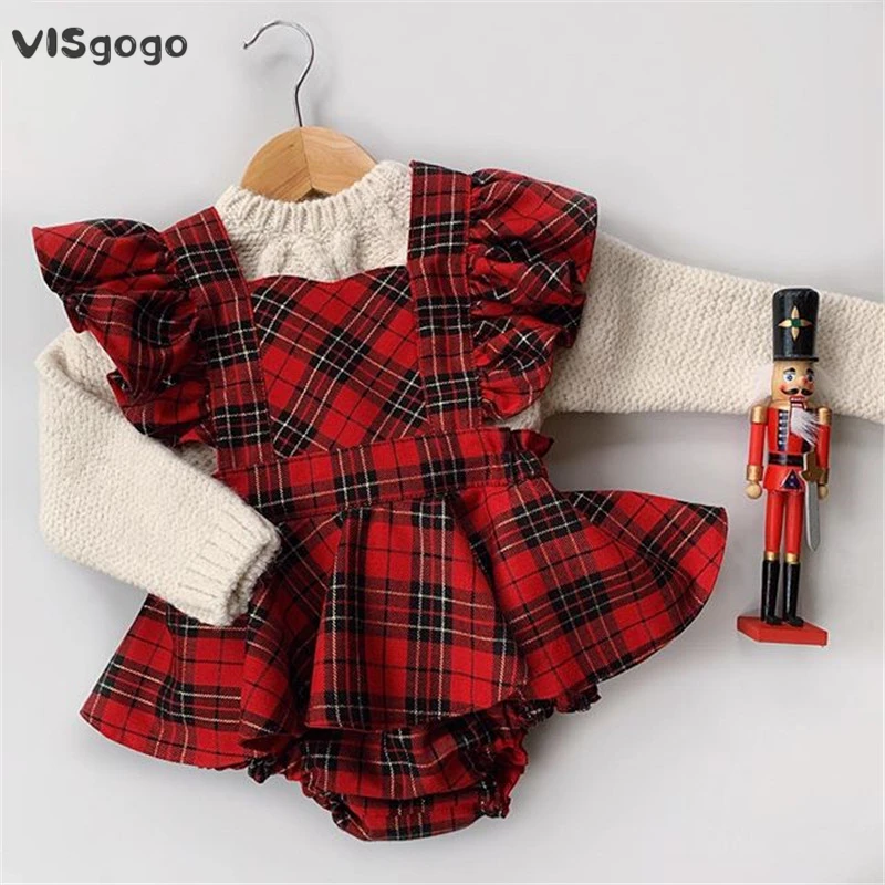 VISgogo0-24M赤ちゃん女の子少年クリスマス創造のドレスチェック柄の印刷絡ショートスリーブBacklessは常に短い時間でご利用+弓のカチューシャイ