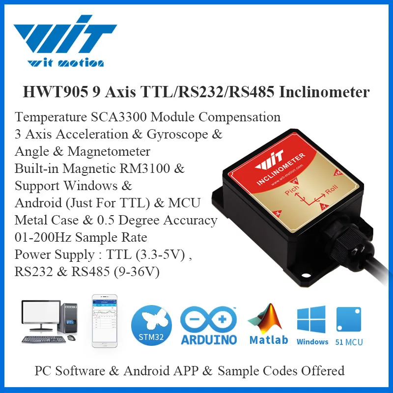 WitMotion HWT905高精度に0.05°軍-グレードセンサ傾斜計9軸AHRSセンサは防水IP67防振