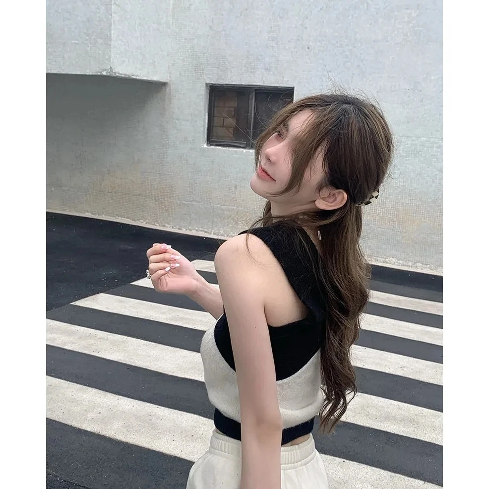 シックな女性のベスト夏美服編黒白色のブロック作物のタンクトップの韓国のファッションを提供都市型カジュアル