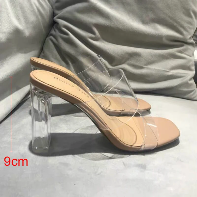夏の女性のポンプのサンダルPVCゼリー-スリッパオトハイヒールの女性の透明Perspexスリッパ-靴のヒールを明確サンダル