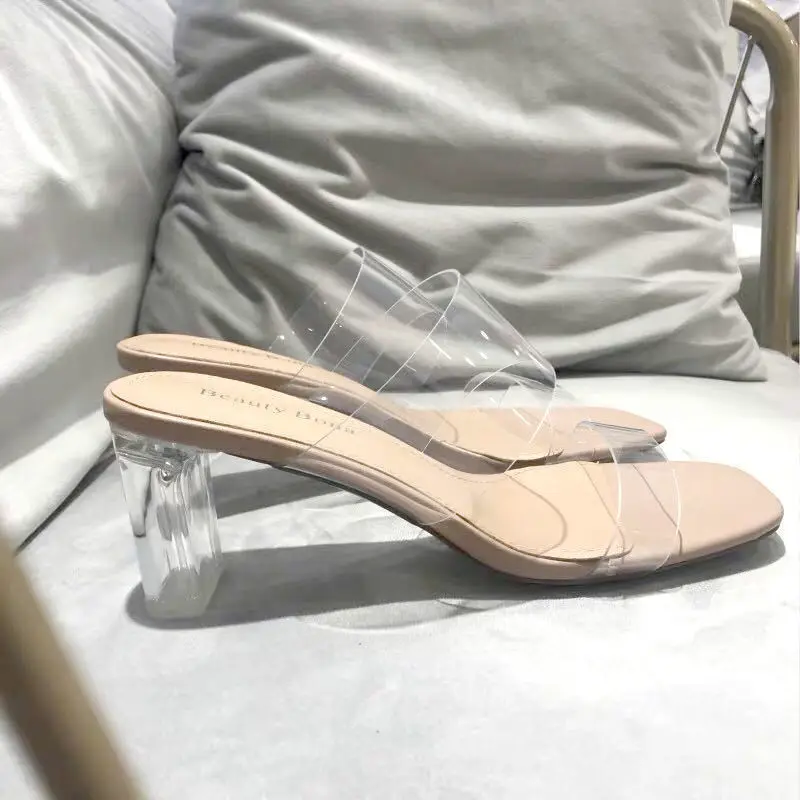 夏の女性のポンプのサンダルPVCゼリー-スリッパオトハイヒールの女性の透明Perspexスリッパ-靴のヒールを明確サンダル