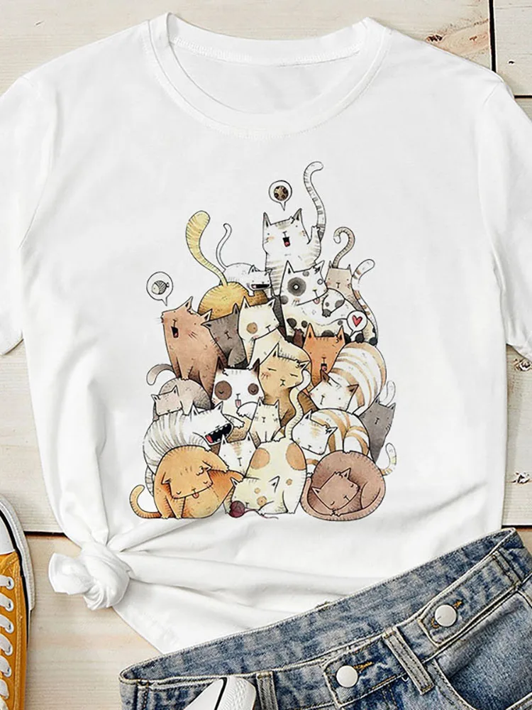 学生TシャツKawaii猫印刷夏の女性のファッションtシャツ印刷かわいい猫グラフィックTシャツ半袖Streetwear Y2kティ