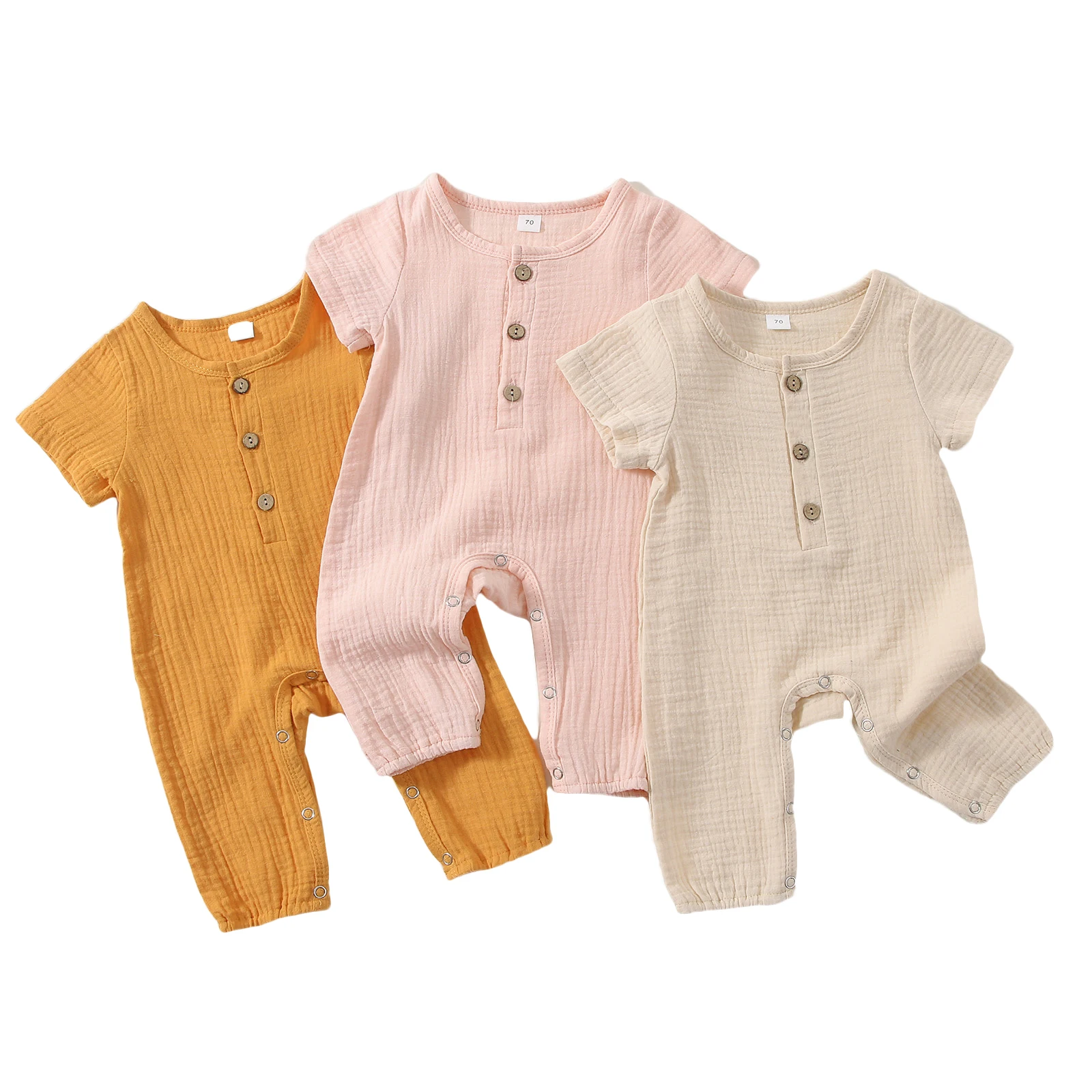 幼児の赤ちゃん女の子少年Romper固体色のショートスリーブは常に短い時間でご利用夏のボタンでカジュア綿のリネンの服